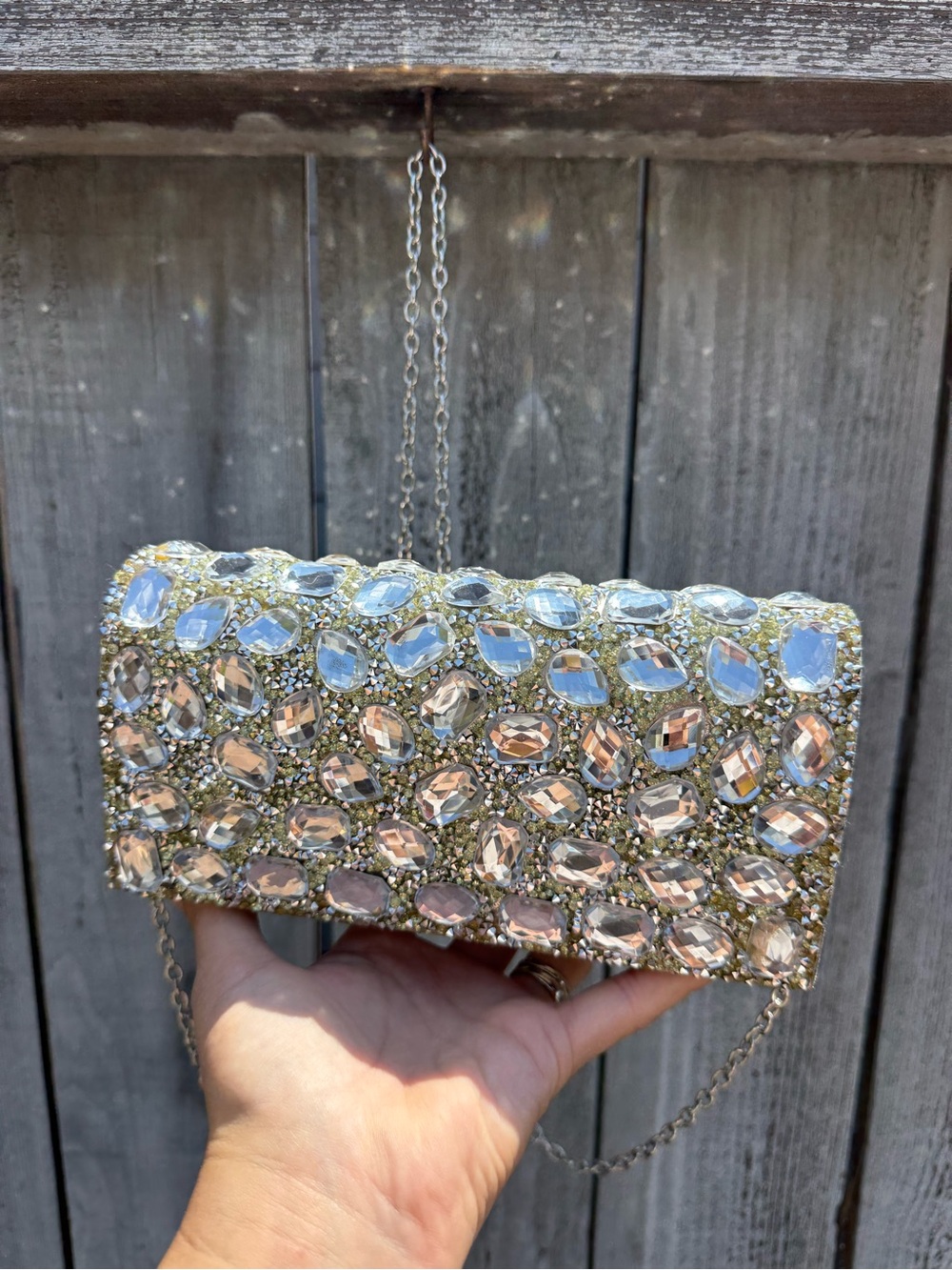 Crystal Embellished Silver Evening Clutch with Chain Strap